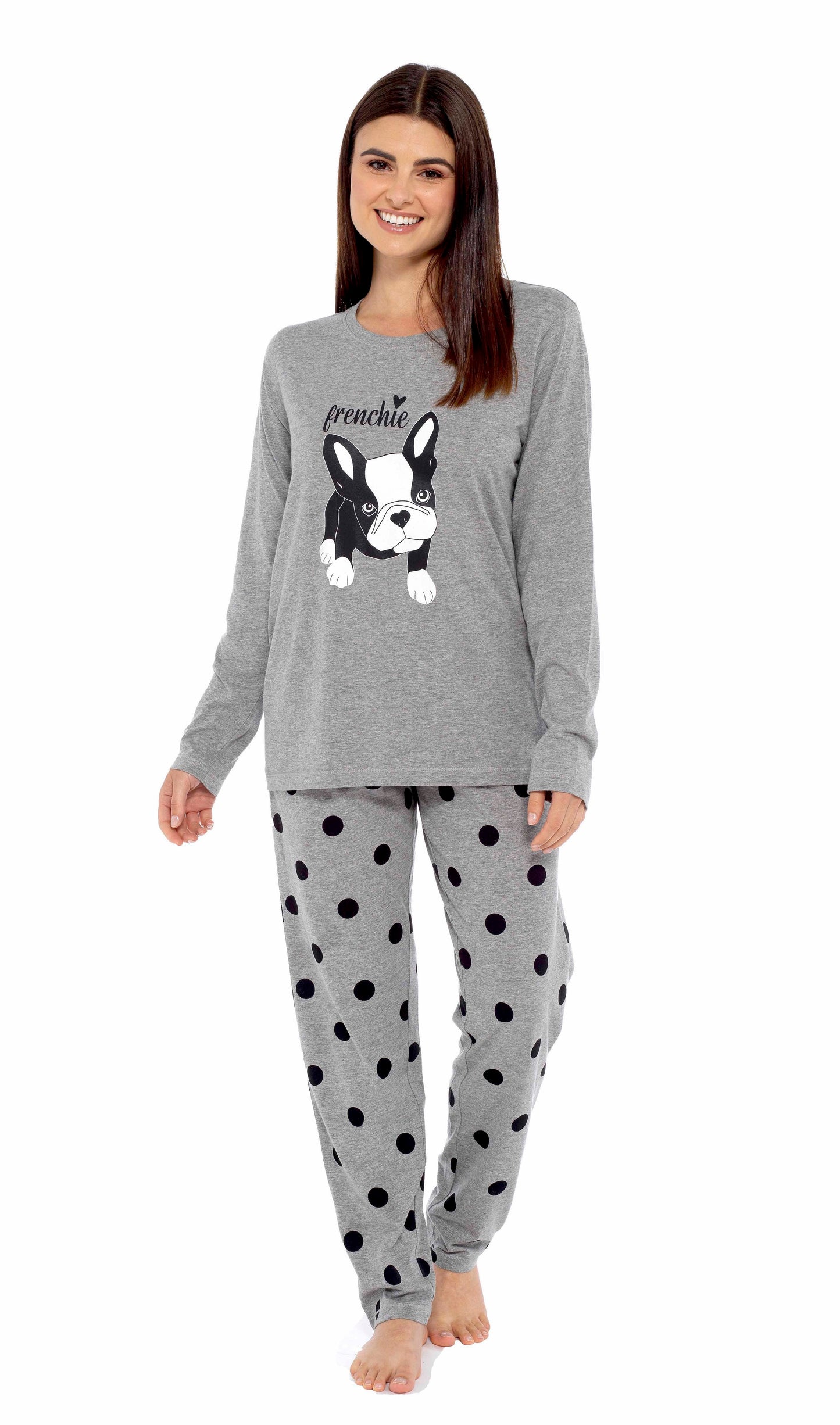 Women's Grey Cotton Pyjama Set With Polka Dot Pants And Frenchie Pugs Print