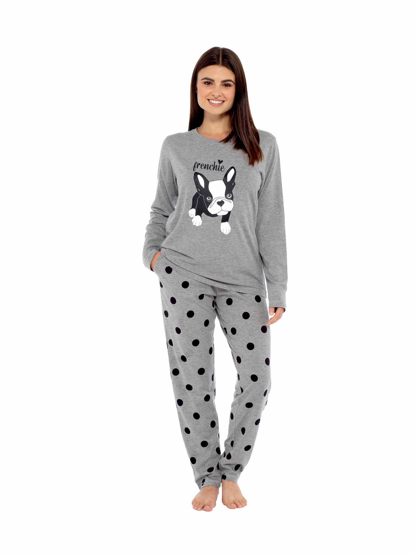 Women's Grey Cotton Pyjama Set With Polka Dot Pants And Frenchie Pugs Print