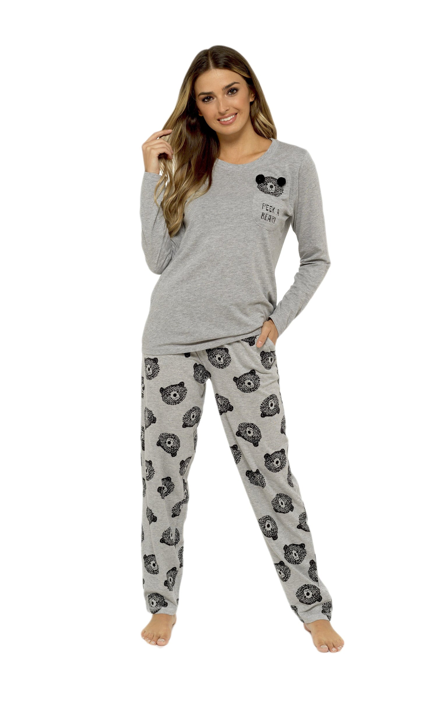OLIVIA ROCCO Womens Grey Cotton Pyjama Set With Teddy Bear Design Long Sleeve Top Elasticated Bottoms Cosy Breathable Nightwear In Various Sizes