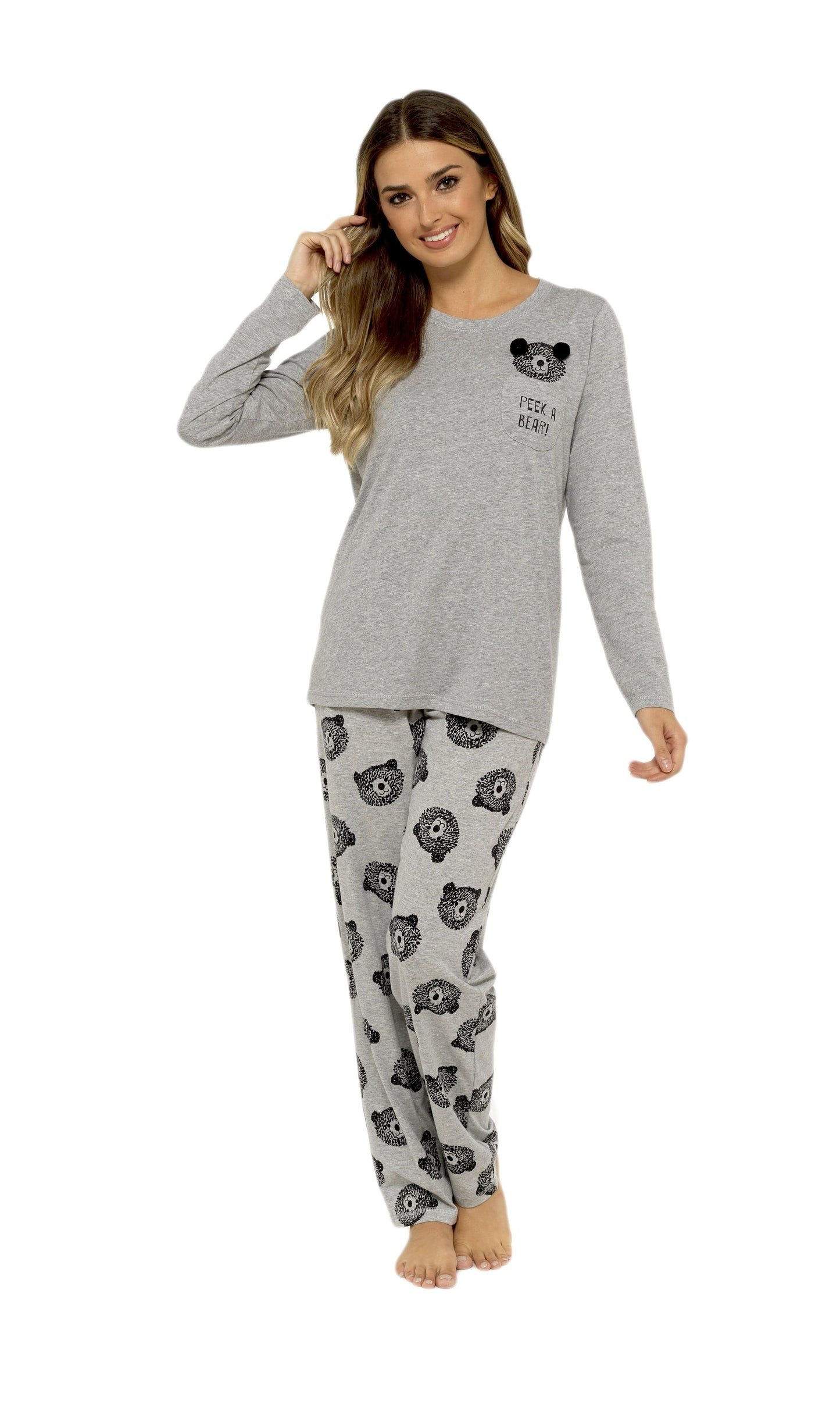 OLIVIA ROCCO Womens Grey Cotton Pyjama Set With Teddy Bear Design Long Sleeve Top Elasticated Bottoms Cosy Breathable Nightwear In Various Sizes