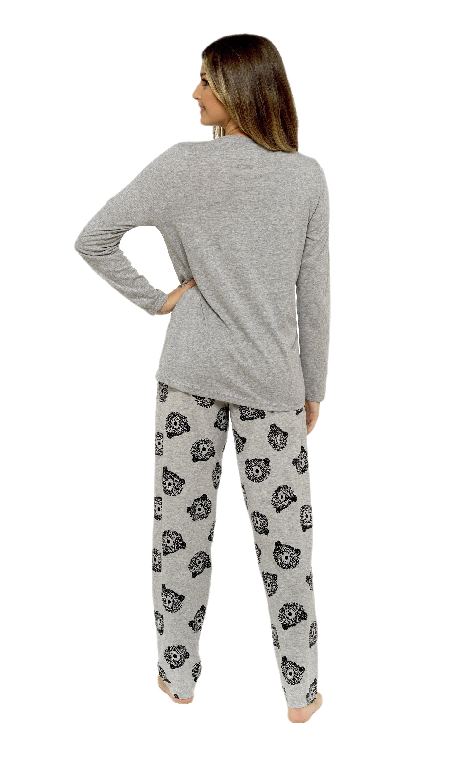 OLIVIA ROCCO Womens Grey Cotton Pyjama Set With Teddy Bear Design Long Sleeve Top Elasticated Bottoms Cosy Breathable Nightwear In Various Sizes