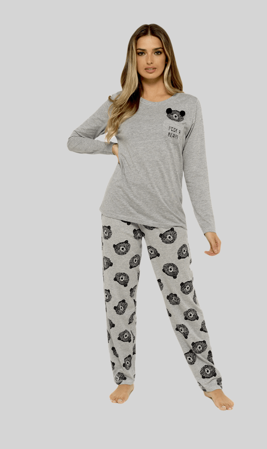 OLIVIA ROCCO Womens Grey Cotton Pyjama Set With Teddy Bear Design Long Sleeve Top Elasticated Bottoms Cosy Breathable Nightwear In Various Sizes