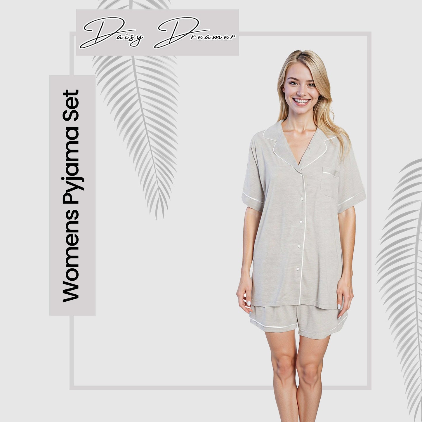 OLIVIA ROCCO Womens Grey Short Pyjama Set Button Up Top and Shorts with Pockets Super Soft Sleepwear Daisy Dreamer Collection