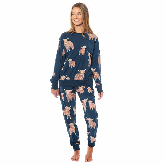 OLIVIA ROCCO Women's Fleece Pyjama Set Highland Cow Print Long Sleeve Soft Warm Sleepwear Loungewear By Daisy Dreamer For Ladies