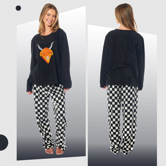 OLIVIA ROCCO Womens Thermal Fleece Pyjamas Set Highland Cow Animal Print Long Sleeve Top And Bottom Polyester Cozy Sleepwear