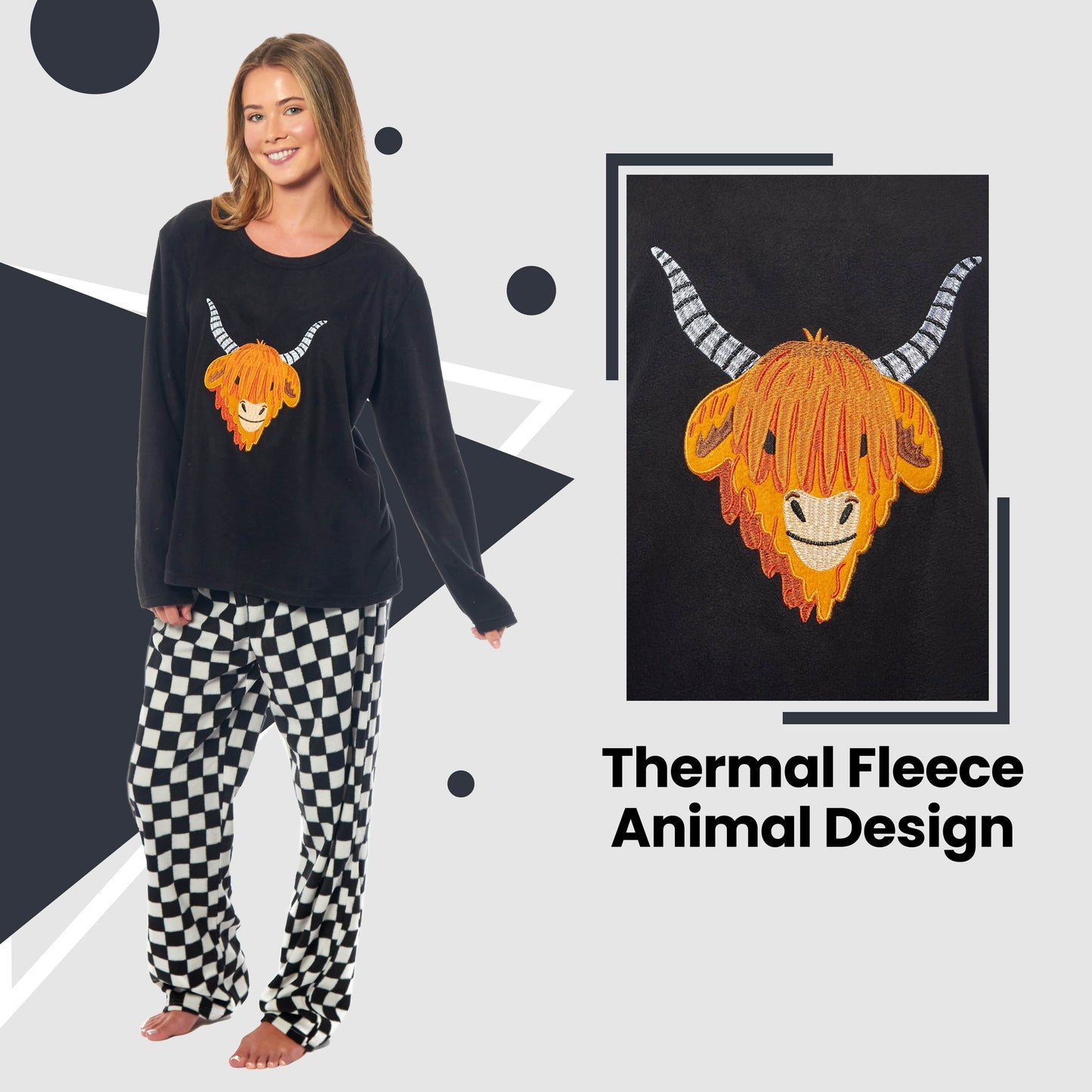 OLIVIA ROCCO Womens Thermal Fleece Pyjamas Set Highland Cow Animal Print Long Sleeve Top And Bottom Polyester Cozy Sleepwear
