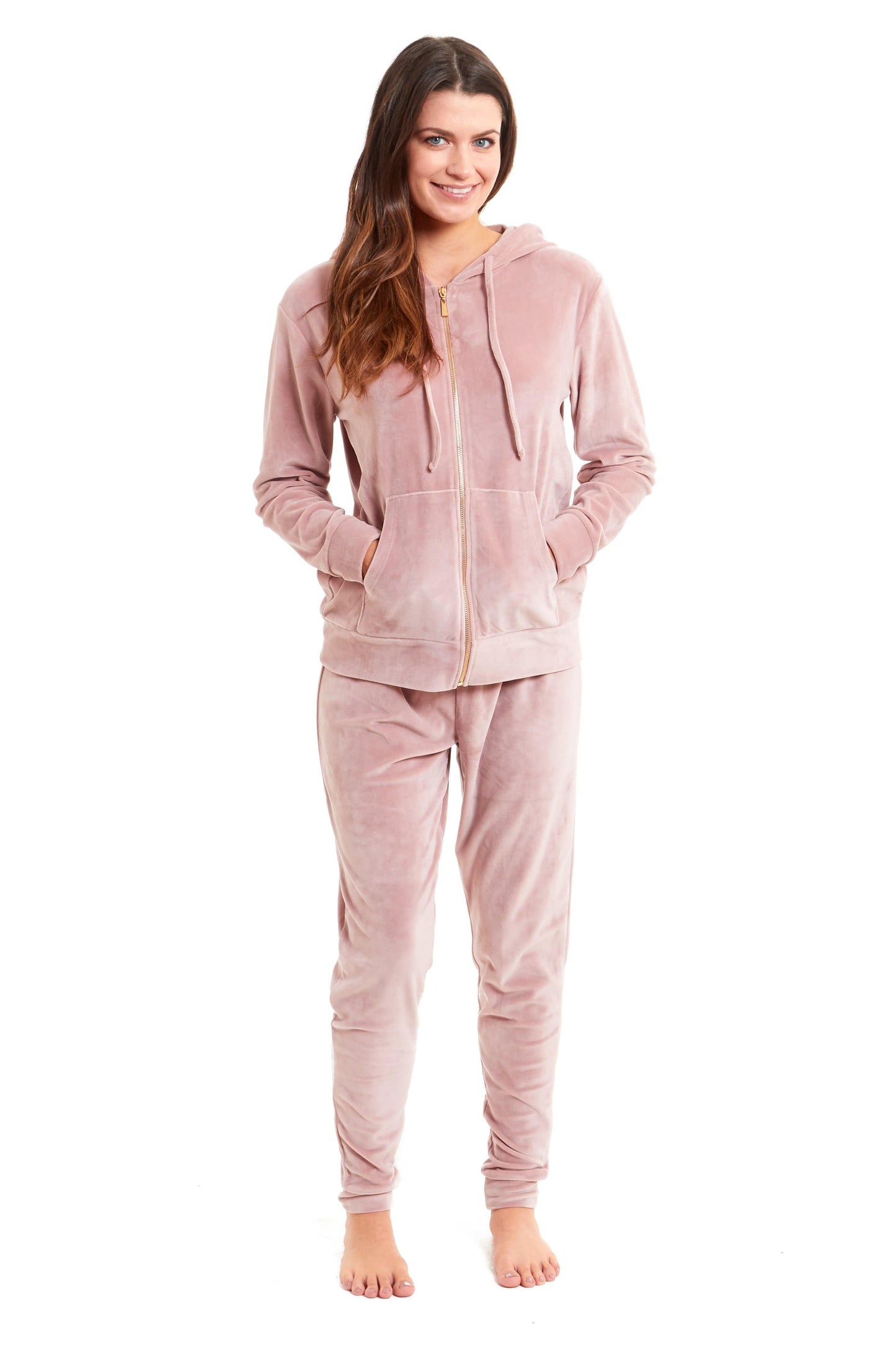 OLIVIA ROCCO Womens Hooded Velour Lounge Set With Zipped Top And Elasticated Waistband Soft Stretchable Nightwear UK Sizes 8-22