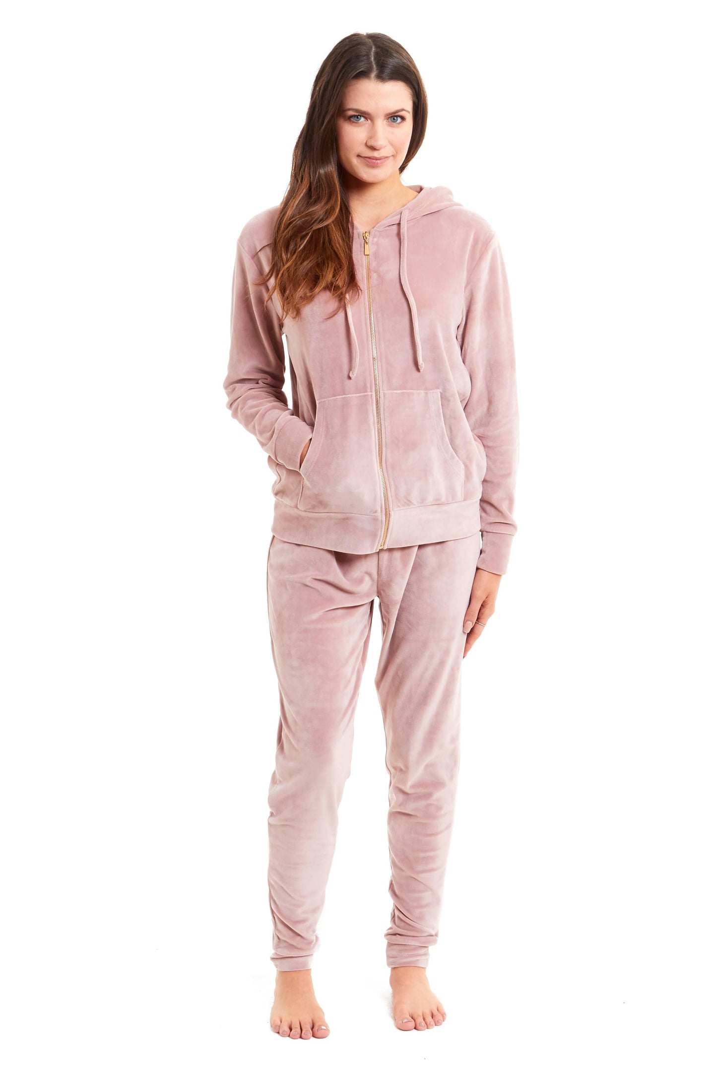 OLIVIA ROCCO Womens Hooded Velour Lounge Set With Zipped Top And Elasticated Waistband Soft Stretchable Nightwear UK Sizes 8-22