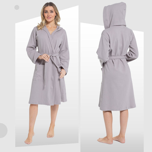 OLIVIA ROCCO Women's Hooded Waffle Cotton Bathrobe Grey 100 Percent Cotton Super Absorbent Spa Dressing Gown for Home Travel Everyday