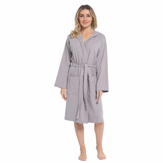 OLIVIA ROCCO Women's Hooded Waffle Cotton Bathrobe Grey 100 Percent Cotton Super Absorbent Spa Dressing Gown for Home Travel Everyday