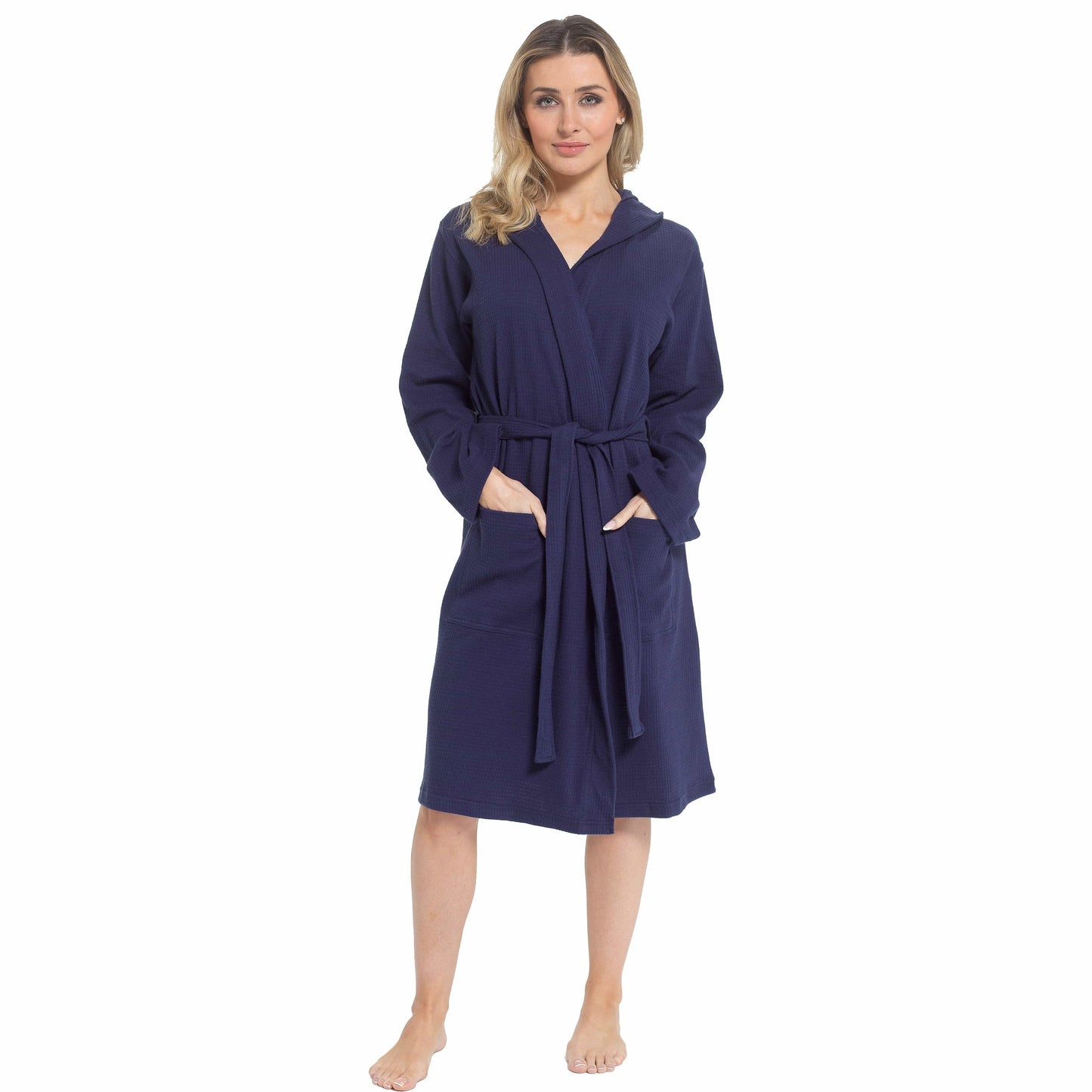OLIVIA ROCCO Women's Hooded Waffle Cotton Bathrobe Navy 100 Percent Cotton Super Absorbent Spa Dressing Gown for Home Lounge Travel