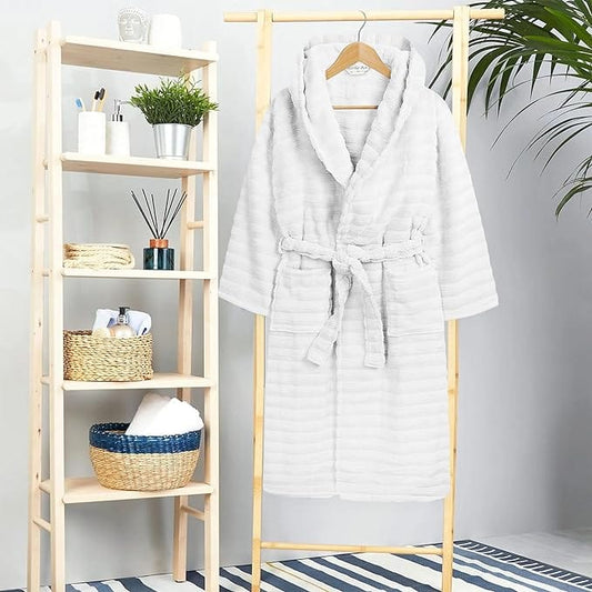 OLIVIA ROCCO Hydro Ribbed Ultra Soft 100 Percent Cotton Hooded Bath Robe With Pockets And Belt White And Grey Luxury Terry Towelling Loungewear