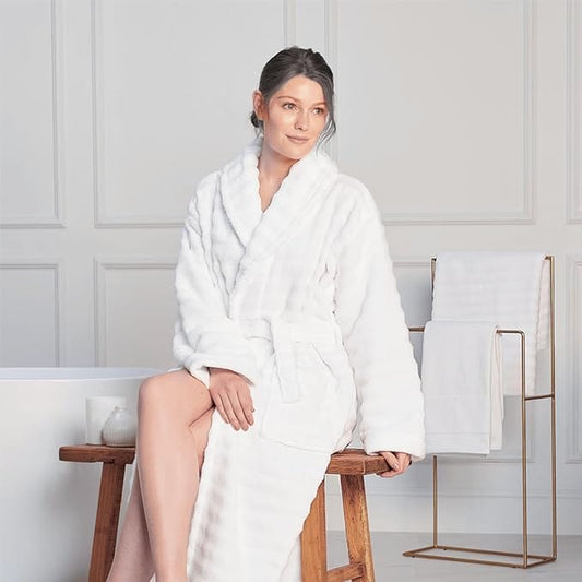 OLIVIA ROCCO Hydro Ribbed Ultra Soft 100 Percent Cotton Hooded Bath Robe With Pockets And Belt White And Grey Luxury Terry Towelling Loungewear