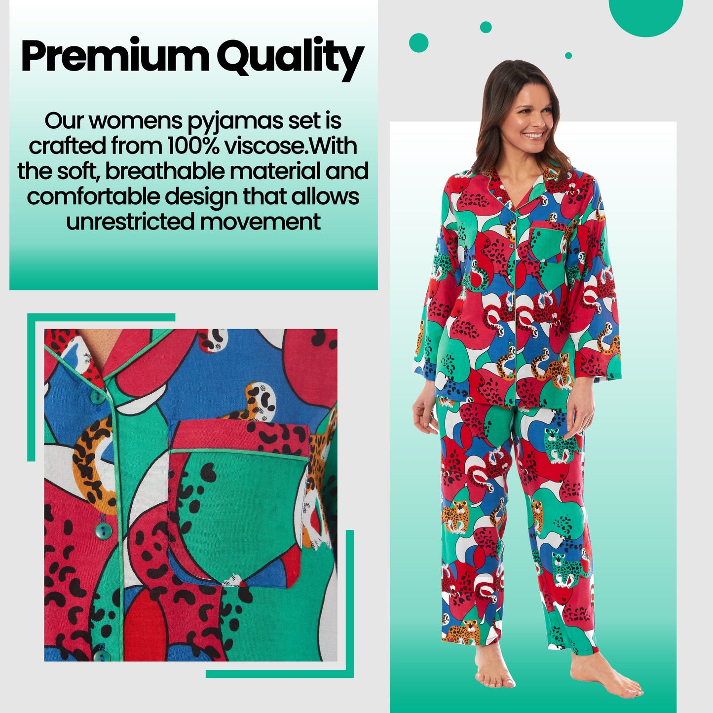 OLIVIA ROCCO Leopard Print Button Up Pyjama Set in Soft Breathable Viscose Sleepwear for Women Daisy Dreamer Sizes S M L XL