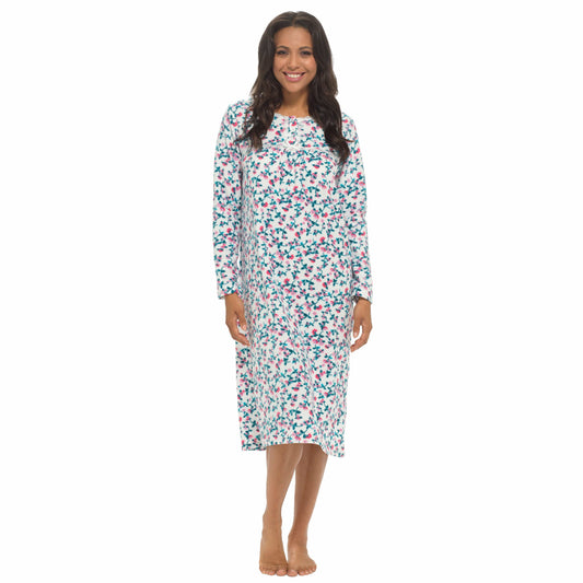 OLIVIA ROCCO Womens Fleece Nightdress Long Sleeve Floral Print Sleepwear Cozy Winter Nightie Available In Multiple Sizes