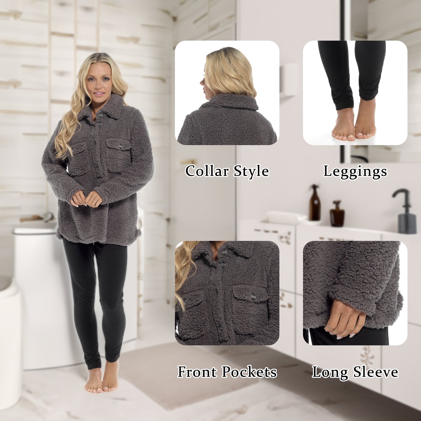 OLIVIA ROCCO Womens Sherpa Top And Leggings Lounge Set With Double Pockets Long Sleeve Lightweight Pajamas Ideal For Chilly Days