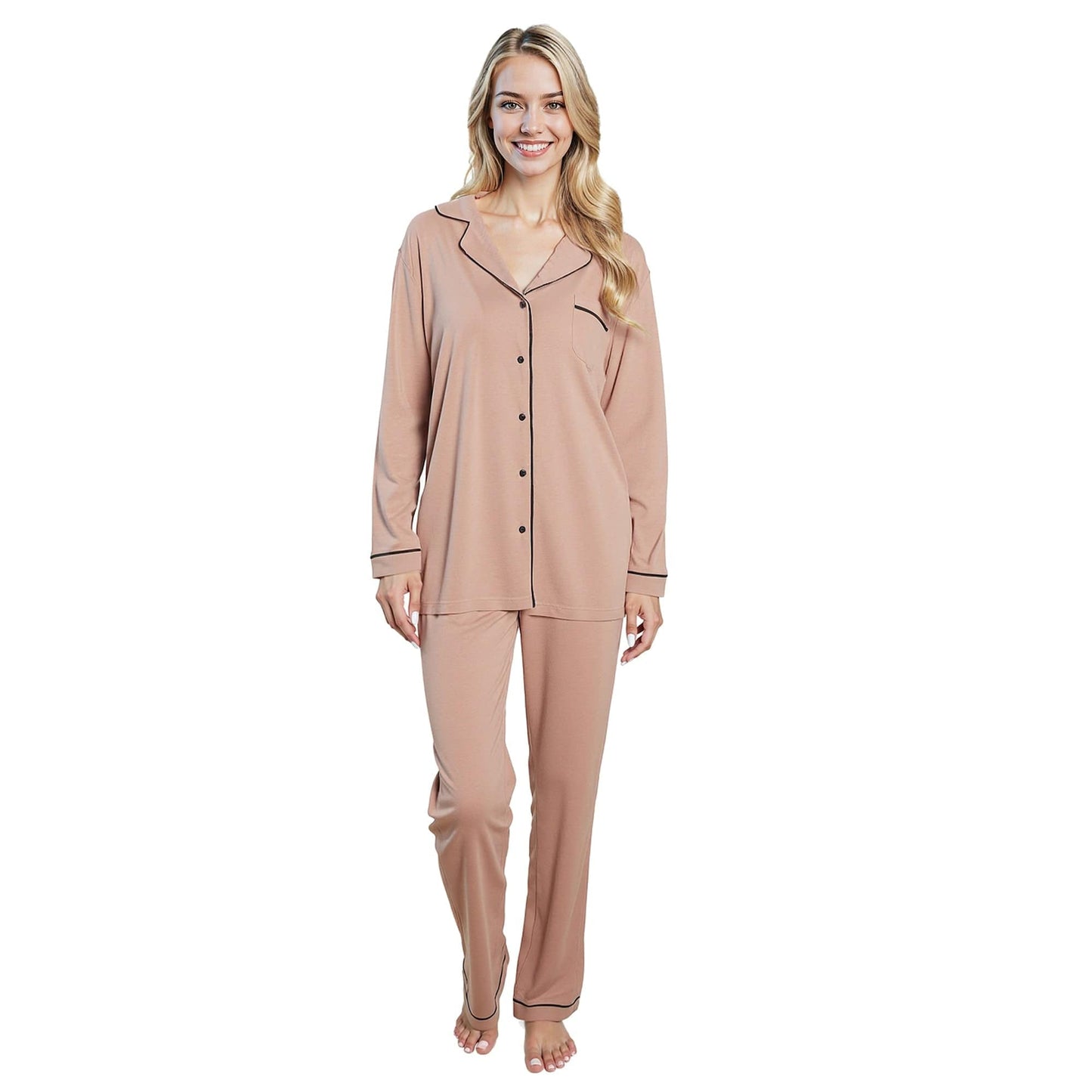 OLIVIA ROCCO Women's Pyjama Set Natural Soft Touch Long Sleeve Button-Up Top and Bottoms Two-Piece Nightwear Daisy Dreamer