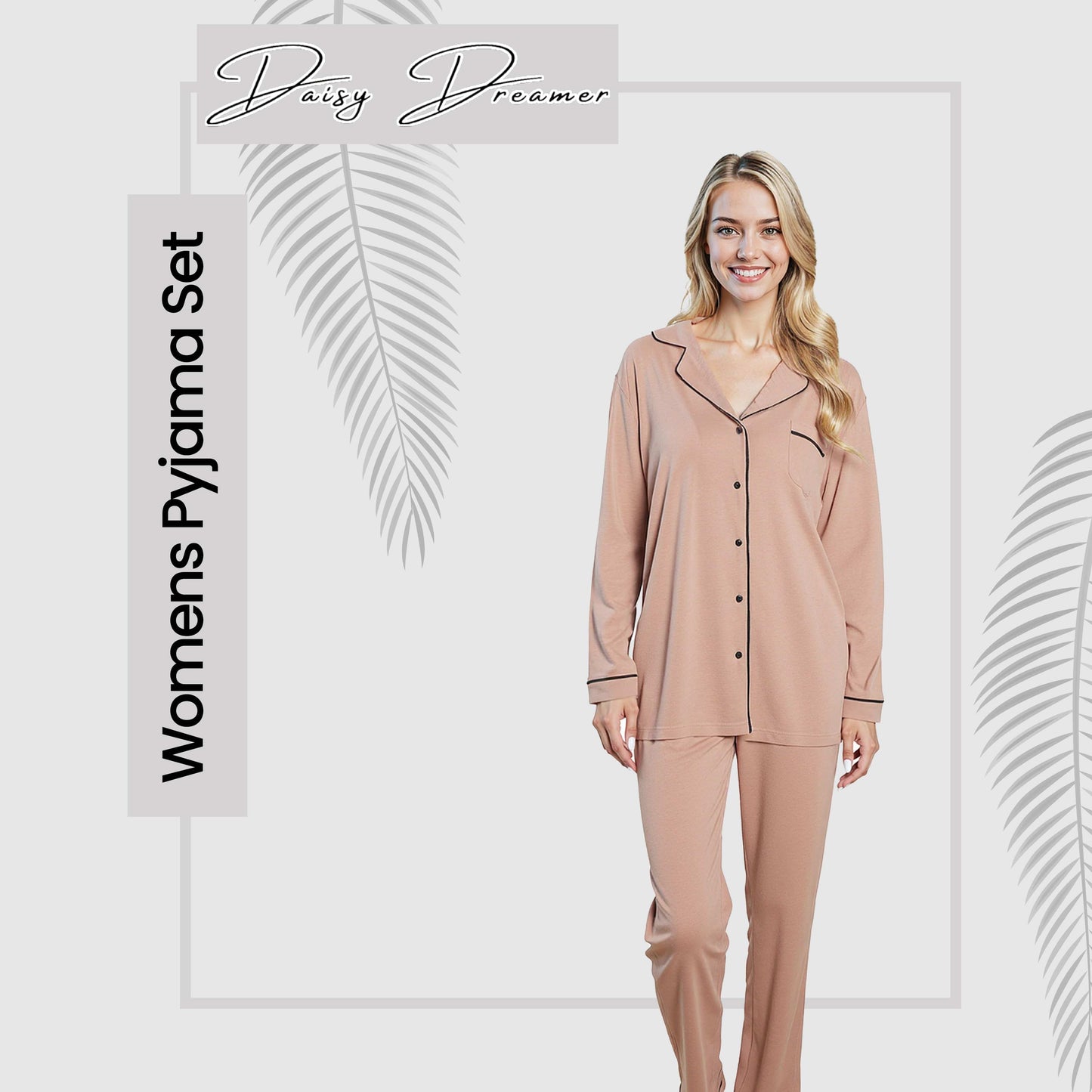 OLIVIA ROCCO Women's Pyjama Set Natural Soft Touch Long Sleeve Button-Up Top and Bottoms Two-Piece Nightwear Daisy Dreamer