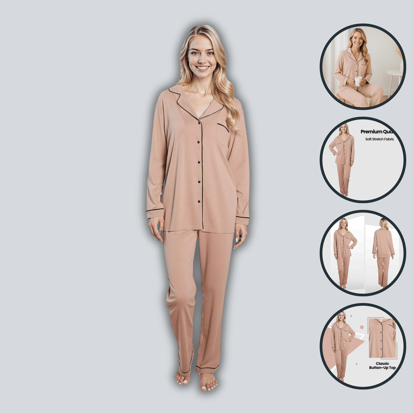 OLIVIA ROCCO Women's Pyjama Set Natural Soft Touch Long Sleeve Button-Up Top and Bottoms Two-Piece Nightwear Daisy Dreamer