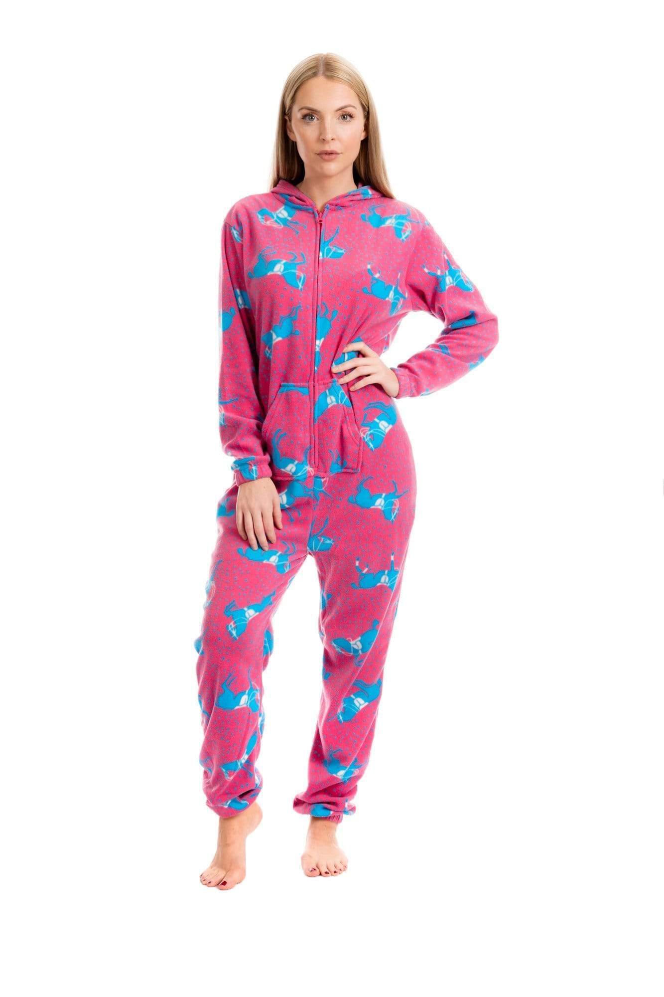 OLIVIA ROCCO Women's Pink Fleece Hooded All In One Onezee Pyjama Set With Horse Print Cosy Nightwear For Lounging Or Sleeping