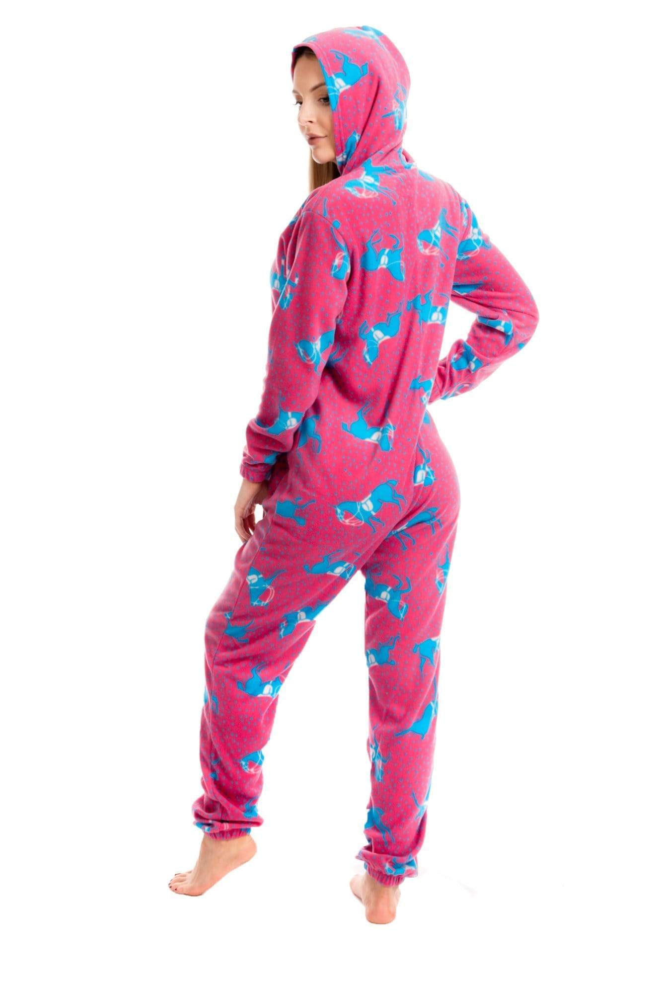 OLIVIA ROCCO Women's Pink Fleece Hooded All In One Onezee Pyjama Set With Horse Print Cosy Nightwear For Lounging Or Sleeping
