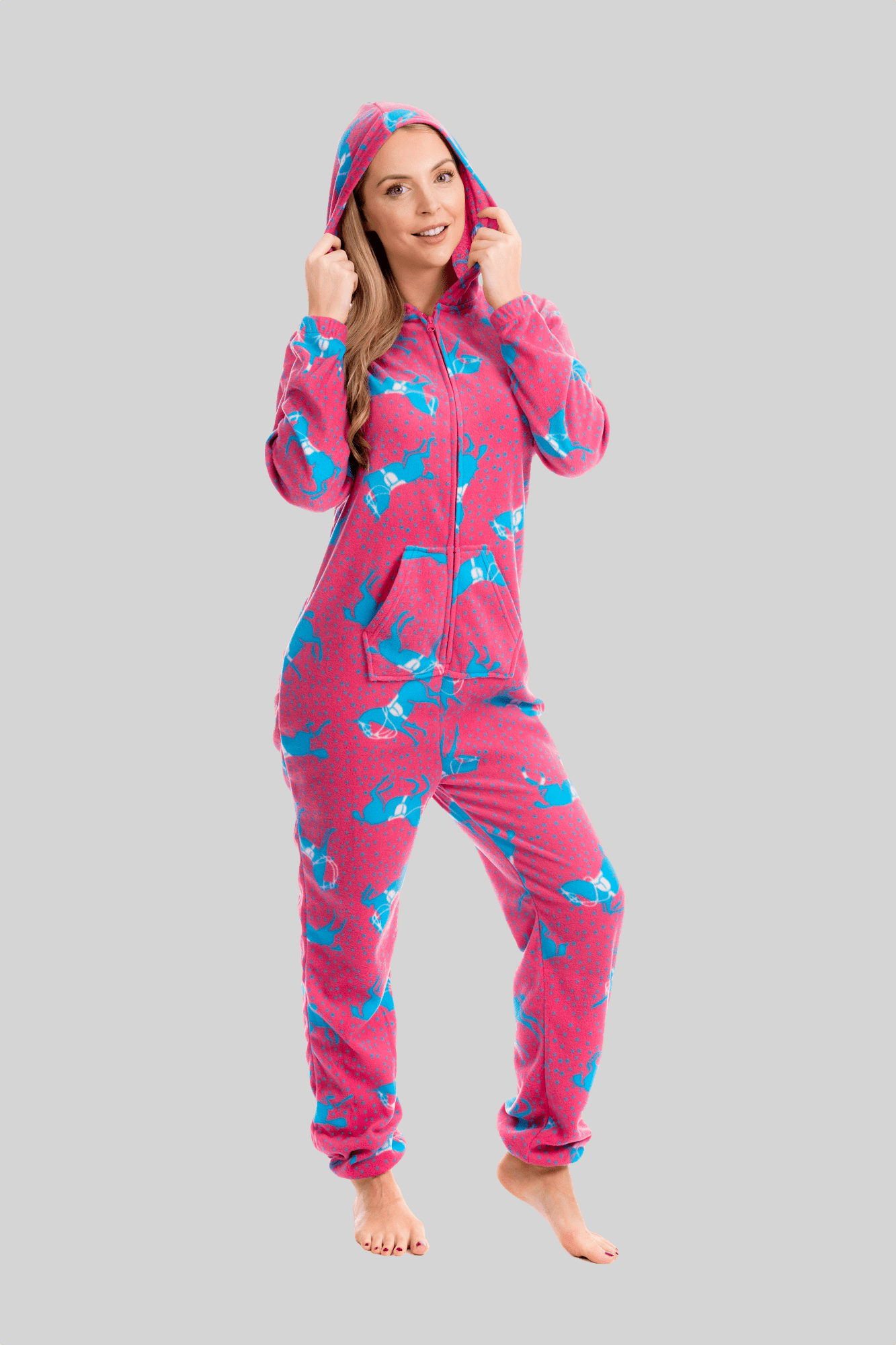 OLIVIA ROCCO Women's Pink Fleece Hooded All In One Onezee Pyjama Set With Horse Print Cosy Nightwear For Lounging Or Sleeping