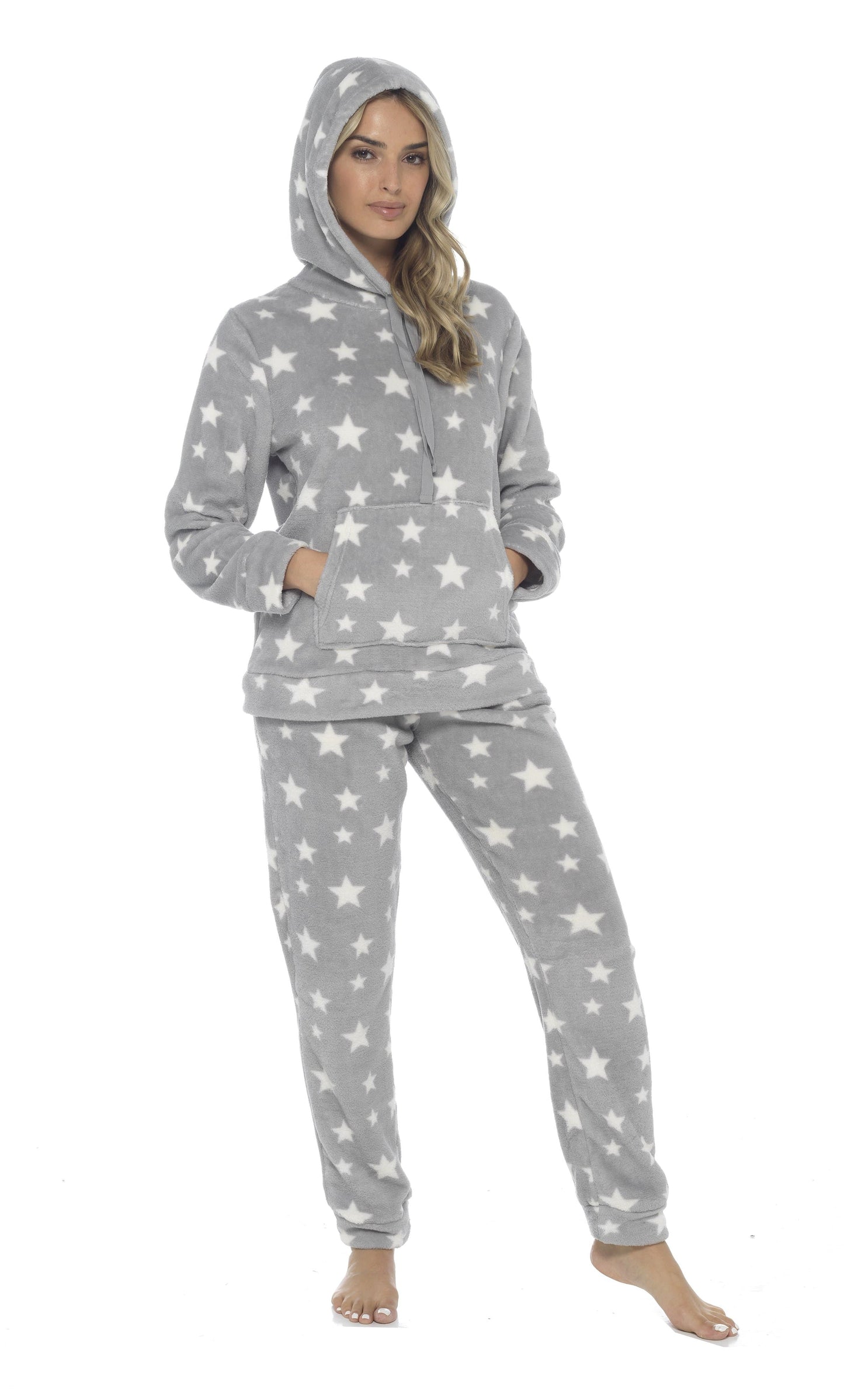OLIVIA ROCCO Womens Stars Plush Fleece Hooded Pyjama Set Teddy Fabric Nightwear Soft Warm Cosy Lounge Multiple Sizes Boutique
