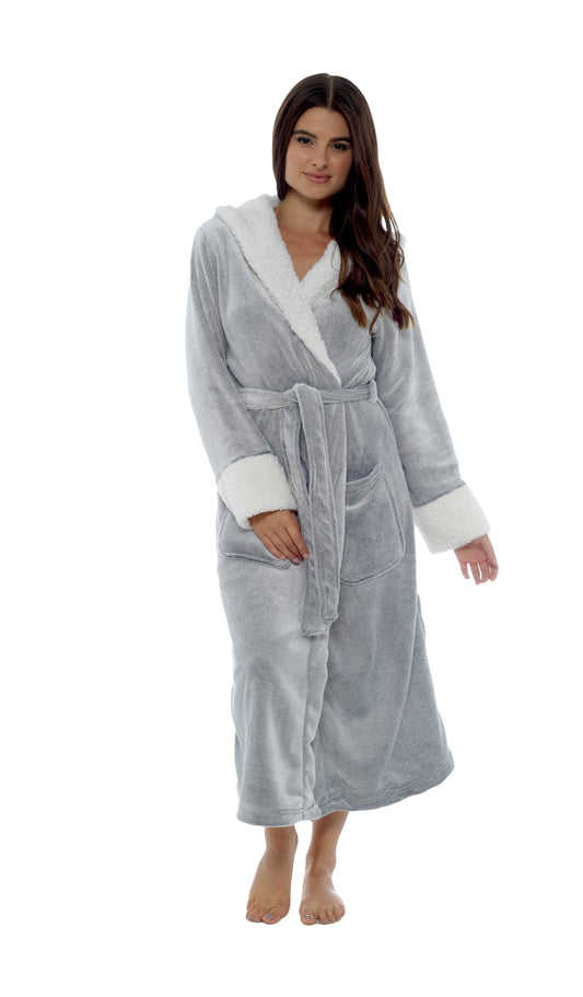 OLIVIA ROCCO Shimmer Fleece Hooded Bath Robe Grey For Women Luxurious Soft Plush Dressing Gown Multiple Sizes Available Now