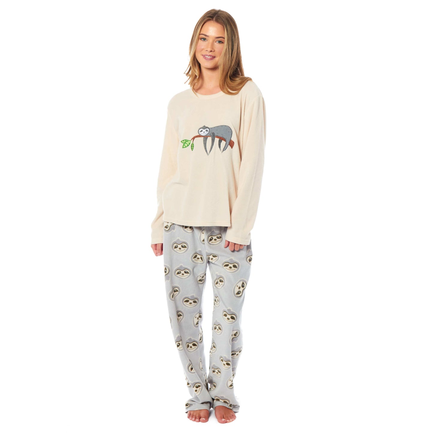 OLIVIA ROCCO Women's Thermal Fleece Pyjamas Set Sloth Animal Print Long Sleeve Top And Bottom Winter Sleepwear Polyester