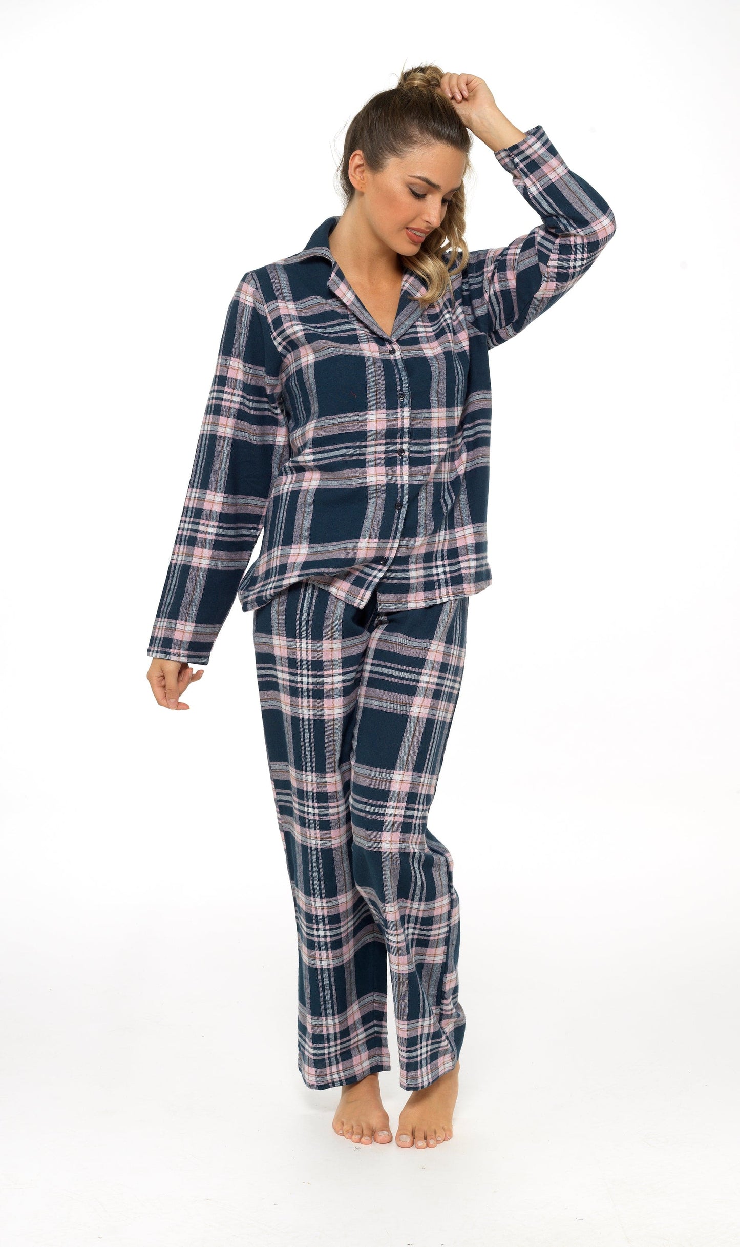 OLIVIA ROCCO Women's Flannelette Check Pyjama Set Soft Brushed Cotton With Elasticated Waistband UK Sizes 8-22 Classic Sleepwear