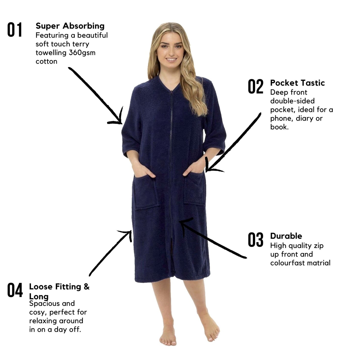 OLIVIA ROCCO Women's Terry Towelling Zip-Through Bathrobe 100% Cotton Ultra Absorbent Soft Fluffy Lounge Wear UK Sizes 8-22