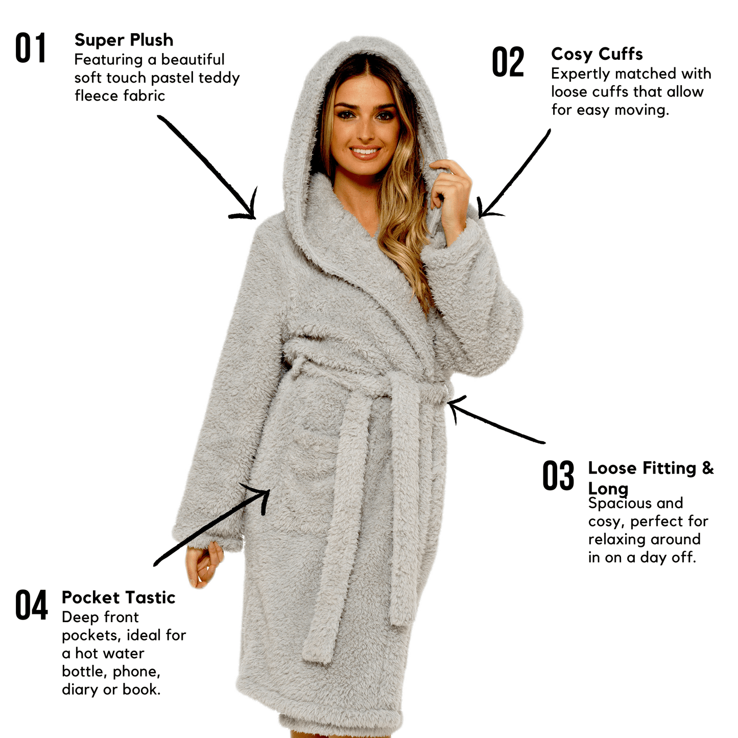 Women's Teddy Fleece Hooded Robe Grey Sherpa Lined Ultra Soft