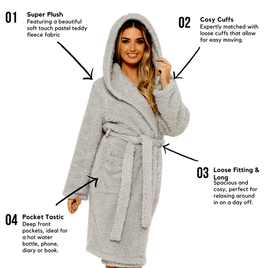 Women's Teddy Fleece Hooded Robe Grey Sherpa Lined Ultra Soft