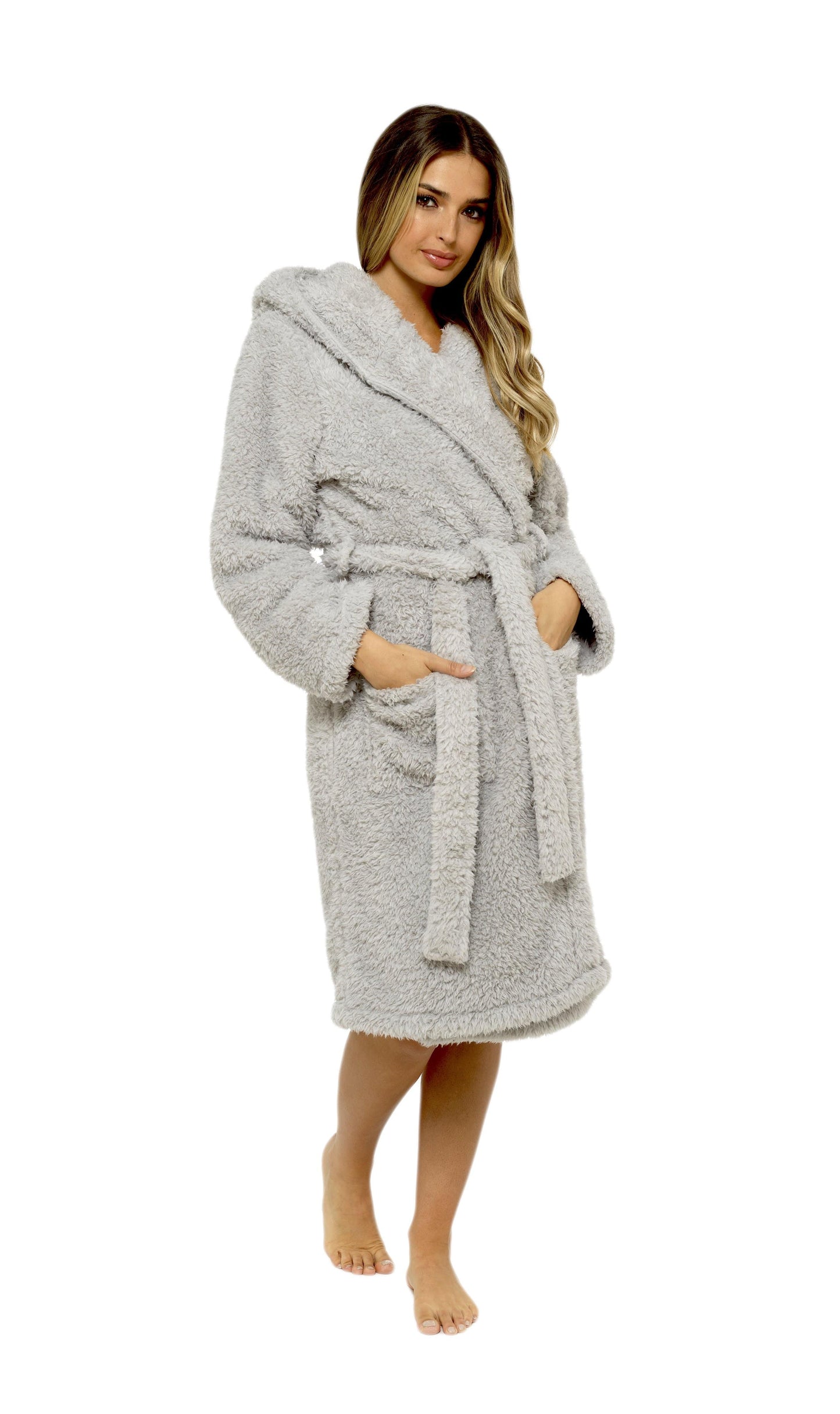 Women's Teddy Fleece Hooded Robe Grey Sherpa Lined Ultra Soft
