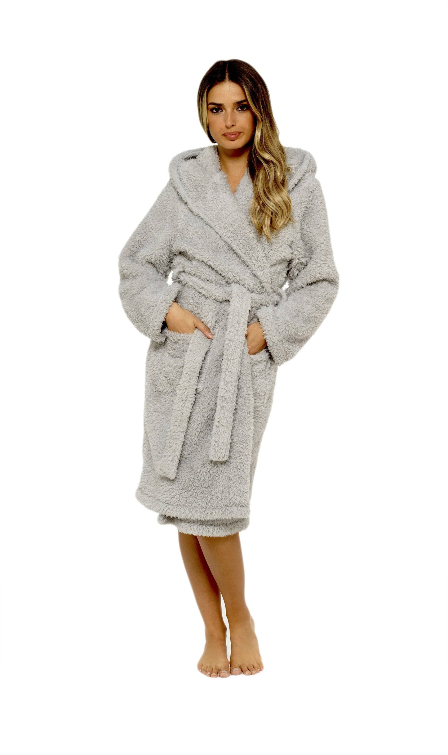 Women's Teddy Fleece Hooded Robe Grey Sherpa Lined Ultra Soft