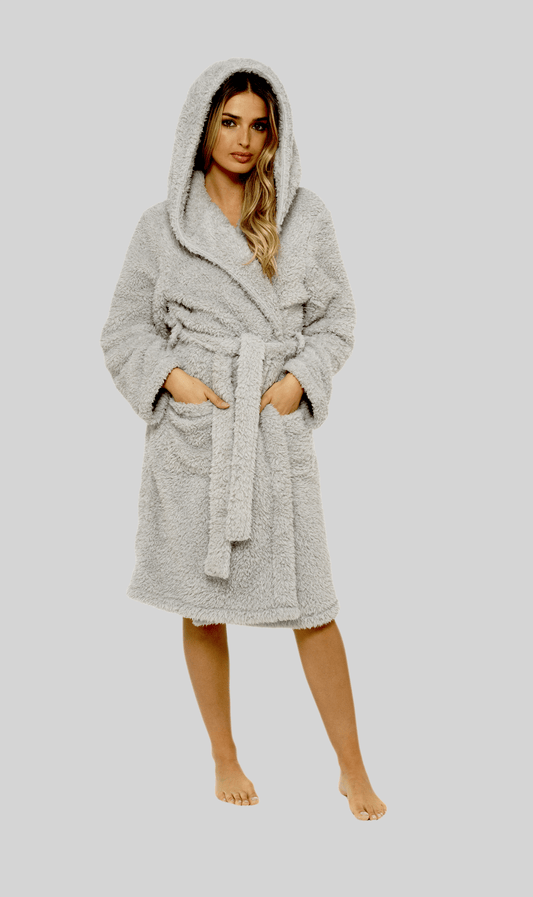 Women's Teddy Fleece Hooded Robe Grey Sherpa Lined Ultra Soft