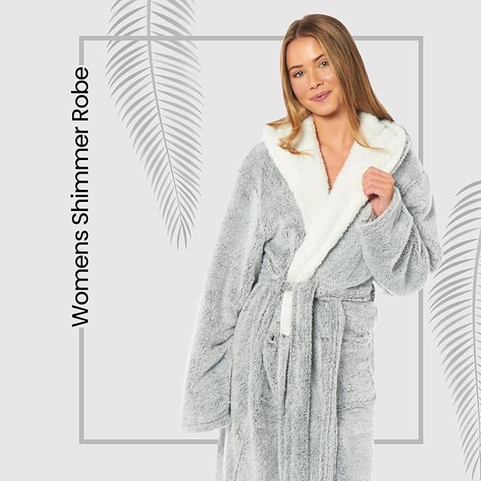 OLIVIA ROCCO Womens Shimmer Fleece Hooded Bath Robe Soft Plush Luxury Dressing Gown Grey Multiple Sizes Cozy Lounge And Sleepwear