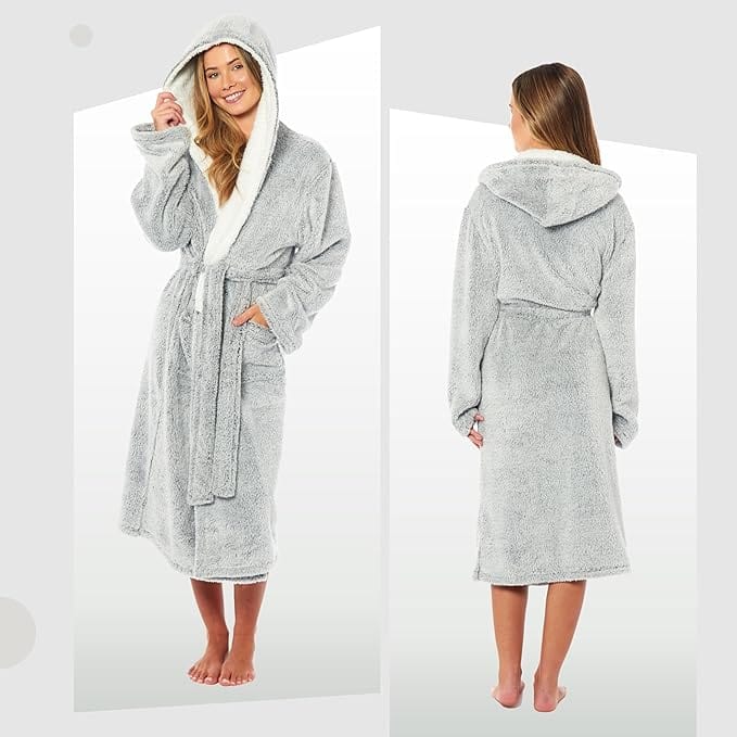 OLIVIA ROCCO Womens Shimmer Fleece Hooded Bath Robe Soft Plush Luxury Dressing Gown Grey Multiple Sizes Cozy Lounge And Sleepwear
