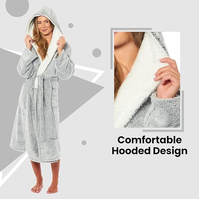 OLIVIA ROCCO Womens Shimmer Fleece Hooded Bath Robe Soft Plush Luxury Dressing Gown Grey Multiple Sizes Cozy Lounge And Sleepwear