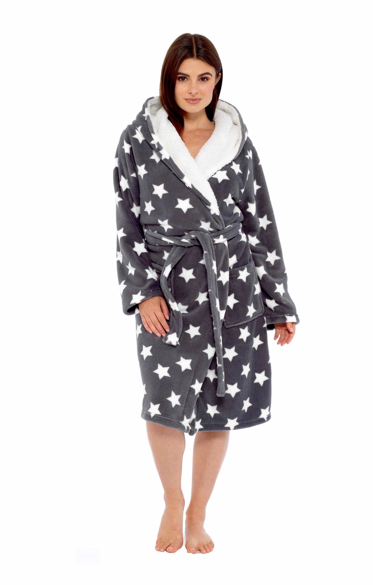 OLIVIA ROCCO Hooded Plush Fleece Robe Star Grey With Ultra Soft Sherpa Fur Lining And Star Pattern Women One Size Cozy Comfort