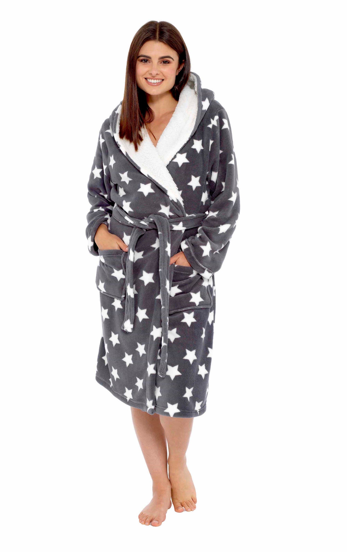 OLIVIA ROCCO Hooded Plush Fleece Robe Star Grey With Ultra Soft Sherpa Fur Lining And Star Pattern Women One Size Cozy Comfort