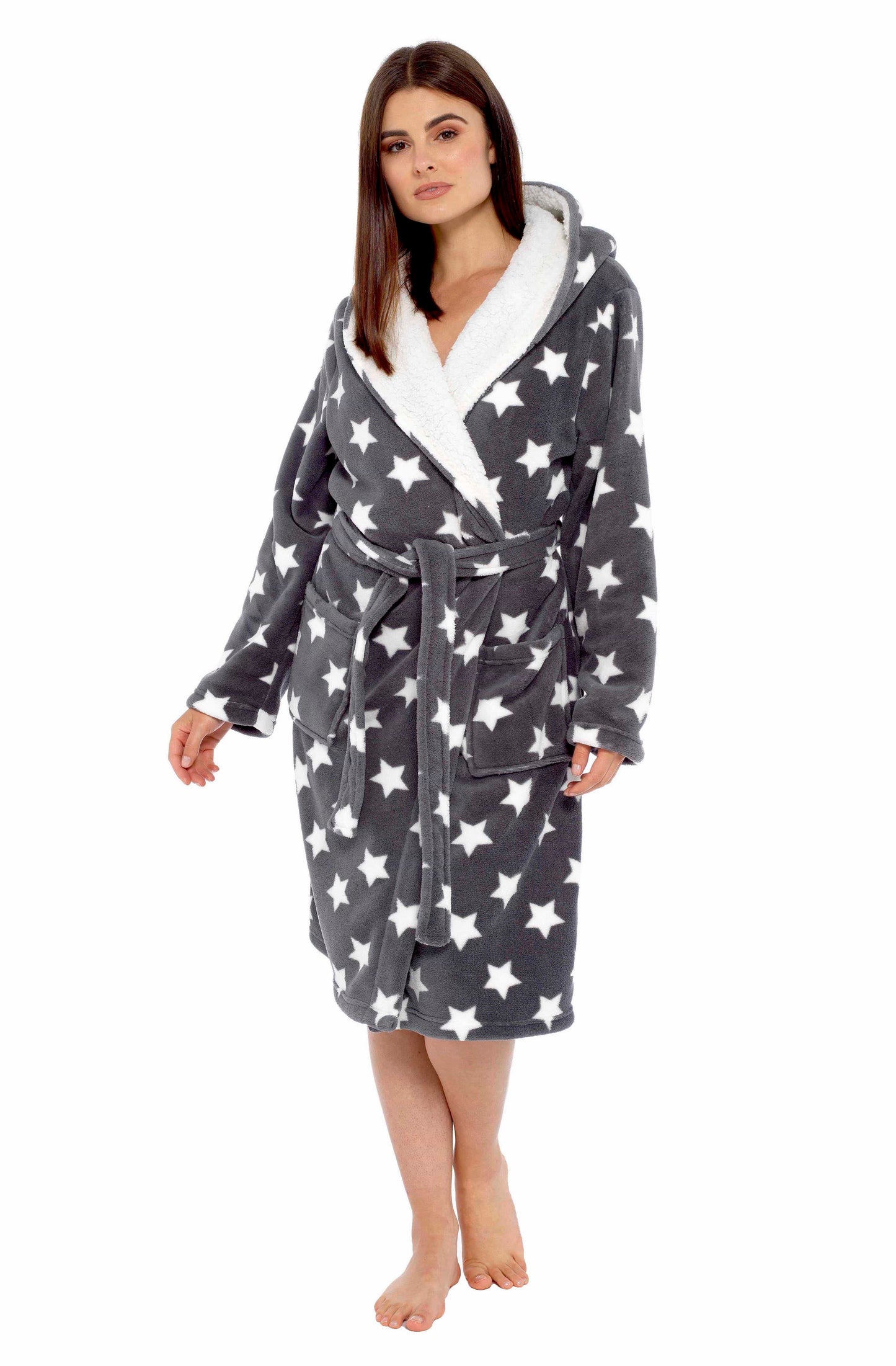 OLIVIA ROCCO Hooded Plush Fleece Robe Star Grey With Ultra Soft Sherpa Fur Lining And Star Pattern Women One Size Cozy Comfort
