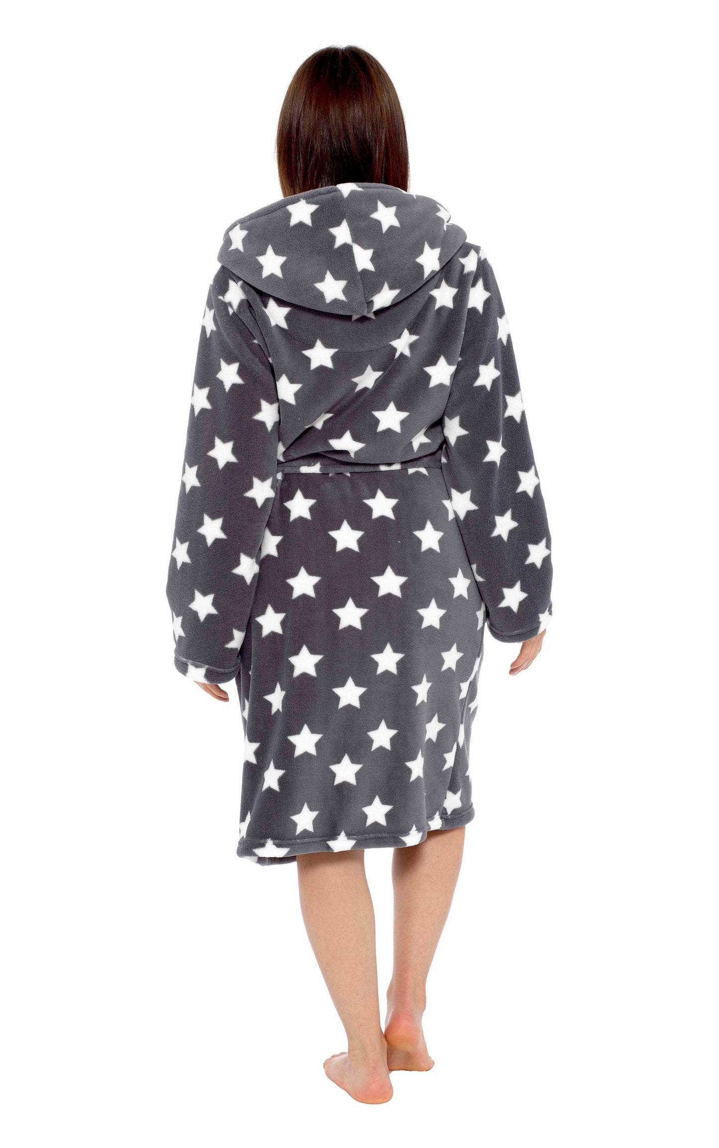OLIVIA ROCCO Hooded Plush Fleece Robe Star Grey With Ultra Soft Sherpa Fur Lining And Star Pattern Women One Size Cozy Comfort