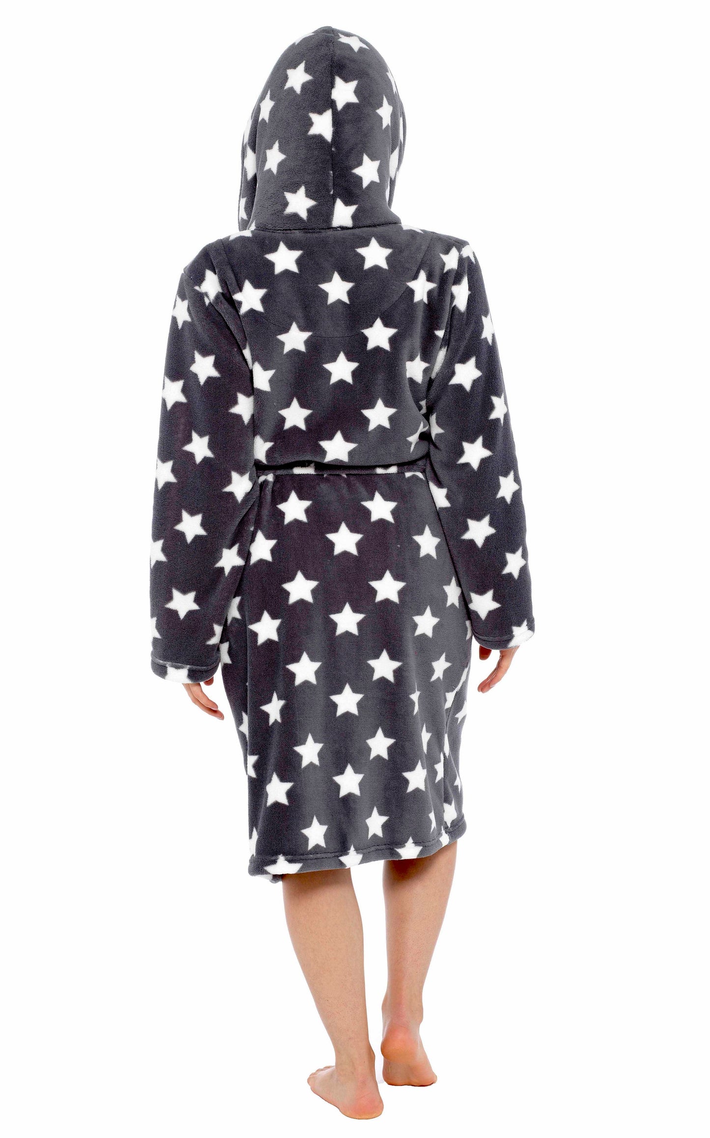 OLIVIA ROCCO Hooded Plush Fleece Robe Star Grey With Ultra Soft Sherpa Fur Lining And Star Pattern Women One Size Cozy Comfort