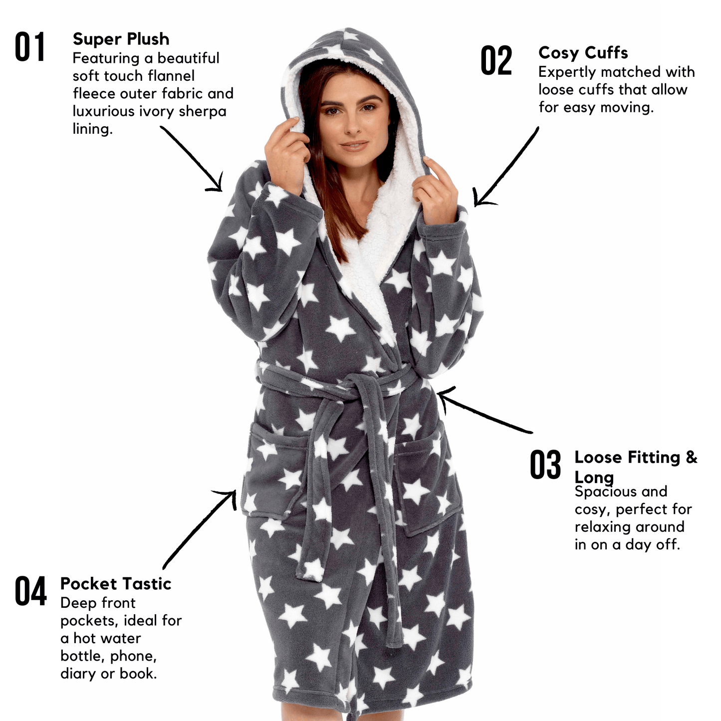 OLIVIA ROCCO Hooded Plush Fleece Robe Star Grey With Ultra Soft Sherpa Fur Lining And Star Pattern Women One Size Cozy Comfort