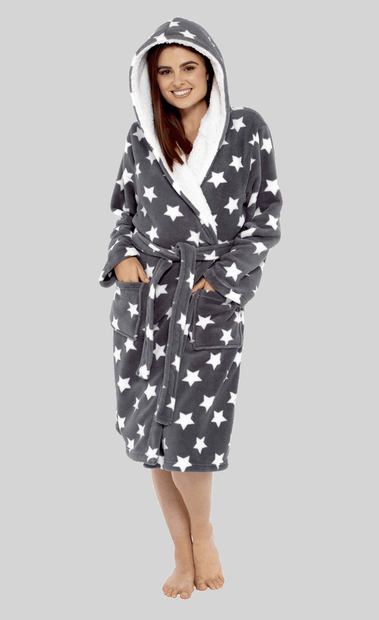 OLIVIA ROCCO Hooded Plush Fleece Robe Star Grey With Ultra Soft Sherpa Fur Lining And Star Pattern Women One Size Cozy Comfort