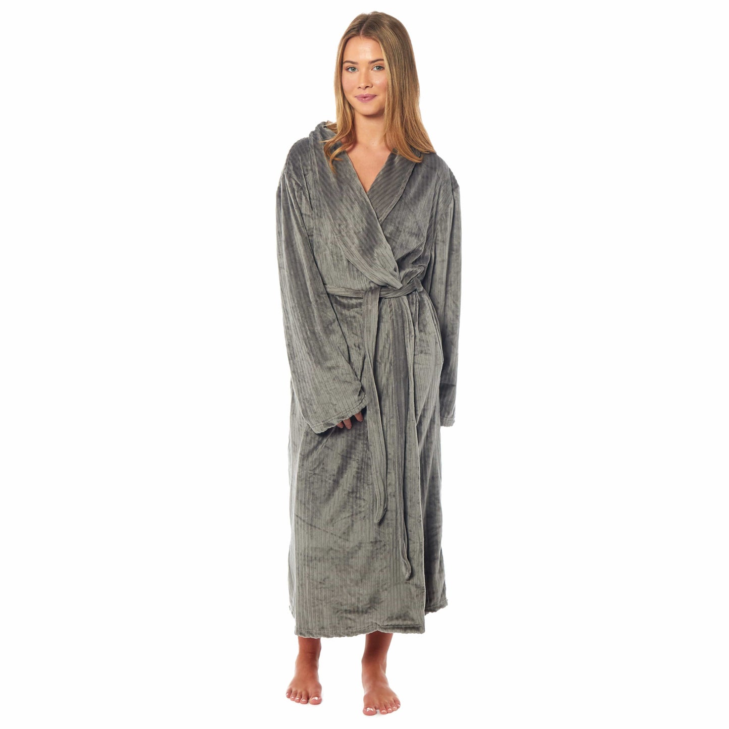 OLIVIA ROCCO Womens Stripe Jacquard Soft Warm Long Dressing Gown With Belt Pockets Shawl Collar Loungewear Robe Daisy Dreamer