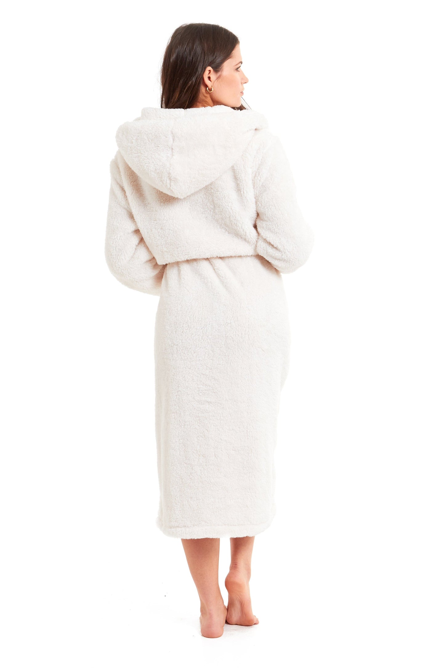 OLIVIA ROCCO Cream Snuggle Fleece Hooded Robe For Women Velvet Touch Plush Dressing Gown Extra Long Cozy Warmth UK Sizes 8-22