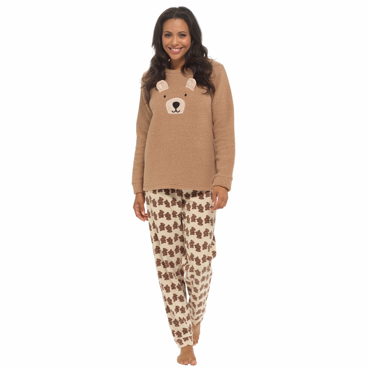 OLIVIA ROCCO Women's Teddy Bear Fleece Pyjama Set With Long Sleeve Top And Elasticated Patterned Bottoms Ultra Soft Cozy Nightwear