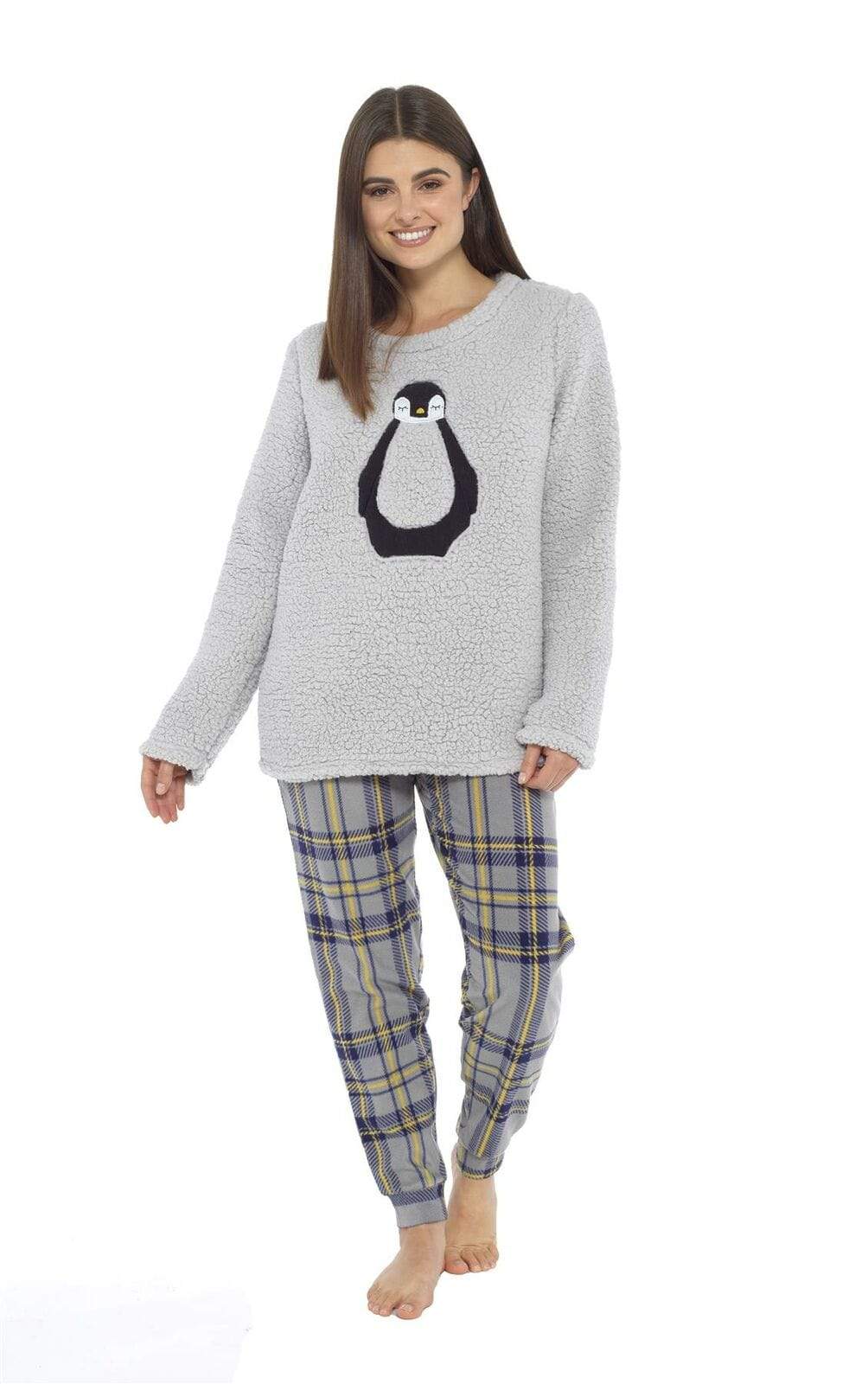 OLIVIA ROCCO Women's Teddy Fleece Pyjama Set Penguin Design Soft Cosy Nightwear with Contrasting Bottoms for Chilly Evenings and Lazy Weekends